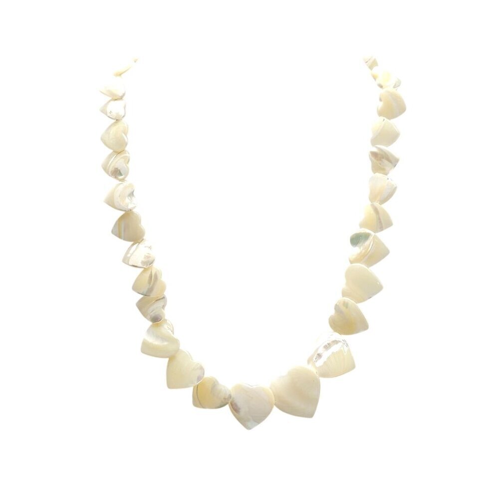 Heart Shaped Mother Of Pearl Beaded Choker Necklace With Gold Tone Clasp